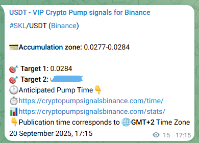 Binance pump signal proof for SKL on 20 September 2025, 17:41
