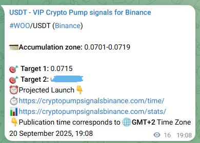 Binance trading signal proof for WOO pump, 20 September 2025, 19:38