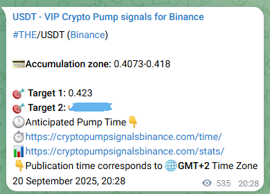 Binance trading signal proof for THE pump, 21 September 2025, 11:34