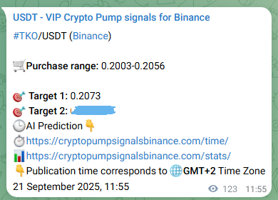 Trading signal proof: TKO pump from Binance, 21 September 2025, 15:18