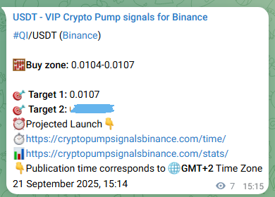 Crypto market signal proof: QI pump on Binance, 21 September 2025, 15:24