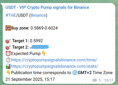 Binance pump signal data for THE at 21 September 2025, 15:26