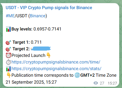 Crypto trading signal proof: ME pump on Binance, 21 September 2025, 16:09