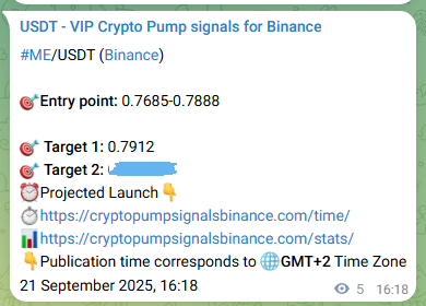 Verification image for ME pump signal on Binance at 21 September 2025, 16:20