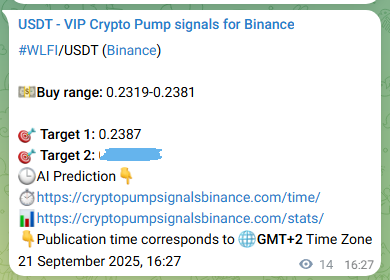 Crypto signal proof: WLFI pump on Binance, 21 September 2025, 16:52
