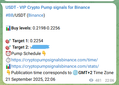 Binance pump signal proof for BB on 22 September 2025, 11:27