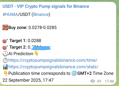 Binance exchange signal proof for HUMA, 22 September 2025, 19:08