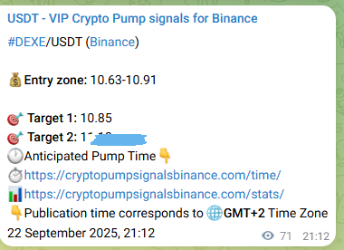 Binance signal verification for DEXE pump, 22 September 2025, 23:10