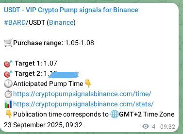 Proof of BARD pump signal on Binance at 23 September 2025, 09:39