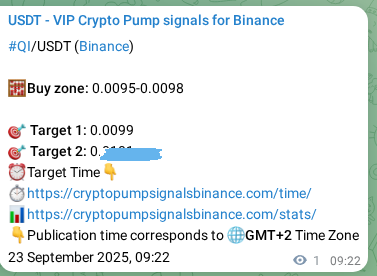 Crypto market signal proof: QI pump on Binance, 23 September 2025, 10:15