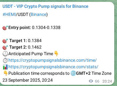 Authenticated proof of HEMI's pump signal on Binance at 23 September 2025, 22:13
