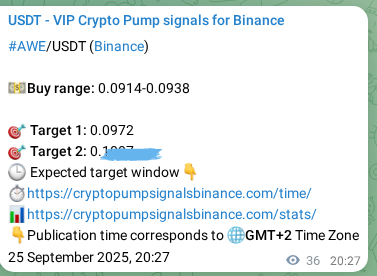 Crypto signal proof: AWE pump on Binance, 25 September 2025, 21:15