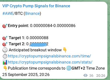 Real-time proof of AWE pump signal on Binance, 25 September 2025, 21:17