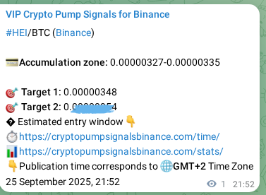 Crypto trading signal proof: HEI pump on Binance, 25 September 2025, 21:53