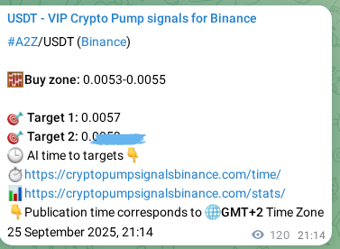 Binance pump signal proof for A2Z on 26 September 2025, 00:32