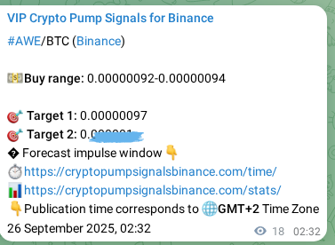 Binance pump signal proof for AWE on 26 September 2025, 03:04