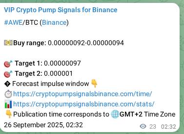 Authenticated proof of AWE's pump signal on Binance at 26 September 2025, 03:12