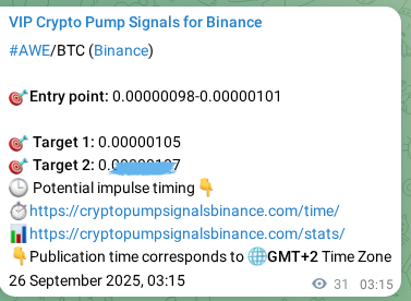 Crypto pump signal proof: AWE on Binance, 26 September 2025, 04:08