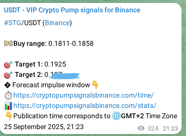 Authenticated STG pump signal on Binance, 26 September 2025, 06:21