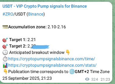 Crypto signal proof: ZRO pump on Binance, 26 September 2025, 06:24