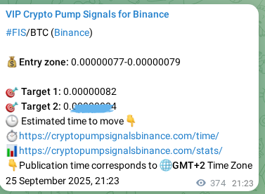 Trading signal proof: FIS pump from Binance, 26 September 2025, 07:47