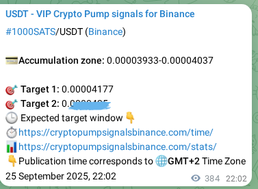 Live proof of 1000SATS pump signal on Binance, 26 September 2025, 08:43