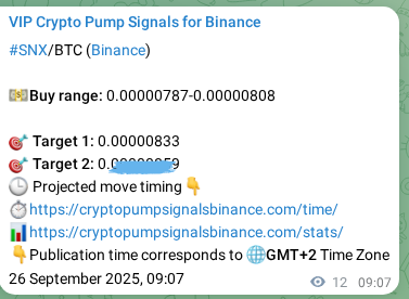 Crypto trading signal proof: SNX pump on Binance, 26 September 2025, 09:28