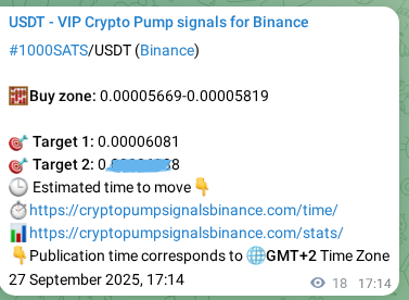 Crypto pump signal proof: 1000SATS on Binance, 27 September 2025, 17:45
