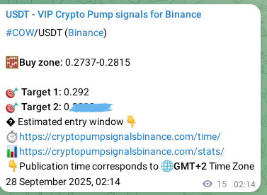 Binance trading signal proof for COW pump, 28 September 2025, 02:39
