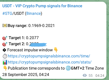 Crypto pump signal proof: STG on Binance, 28 September 2025, 05:56