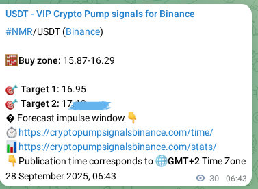 Crypto trading signal proof: NMR pump on Binance, 28 September 2025, 07:35