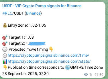 Crypto trading signal proof: RLC pump on Binance, 28 September 2025, 07:40