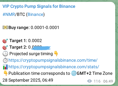 Crypto trading signal proof: NMR pump on Binance, 28 September 2025, 10:02