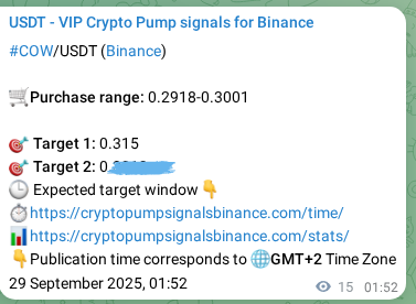 Binance pump signal proof for COW on 29 September 2025, 02:18