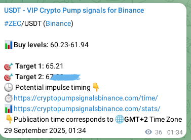 Authenticated proof of ZEC's pump signal on Binance at 29 September 2025, 02:35