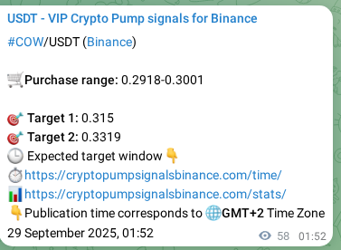 Binance trading signal proof for COW pump, 29 September 2025, 03:29