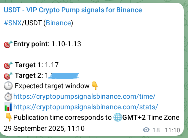 Crypto signal proof: SNX pump on Binance, 29 September 2025, 11:39