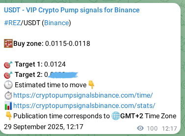 Live proof of REZ pump signal on Binance, 29 September 2025, 15:05