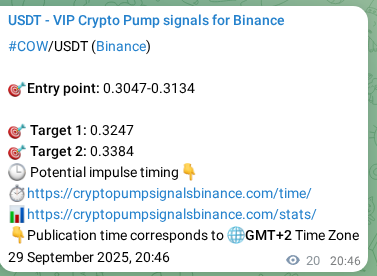 Pump signal proof for COW on Binance at 29 September 2025, 21:20
