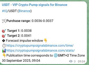 Crypto market signal proof: IQ pump on Binance, 30 September 2025, 09:10