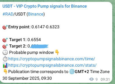 Binance exchange signal proof for RAD, 30 September 2025, 09:46