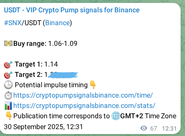 Authenticated SNX pump signal on Binance, 30 September 2025, 14:23