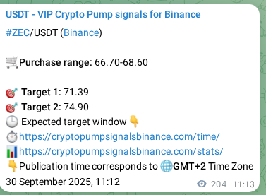 Live proof of ZEC pump signal on Binance, 30 September 2025, 16:54