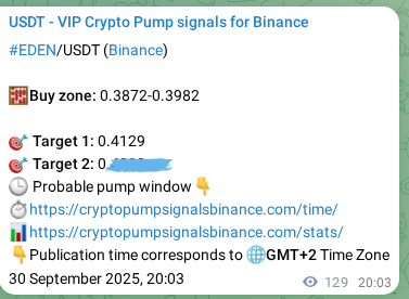 Trading signal proof for EDEN on Binance, 30 September 2025, 23:39