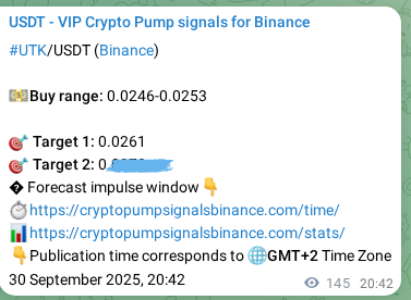 Binance pump signal proof for UTK on 01 October 2025, 00:44