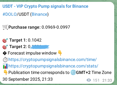 Binance trading signal proof for DOLO pump, 01 October 2025, 01:44