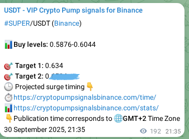 Crypto trading signal proof: SUPER pump on Binance, 01 October 2025, 02:55