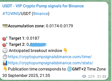 Verification image for TOWNS pump signal on Binance at 01 October 2025, 03:54