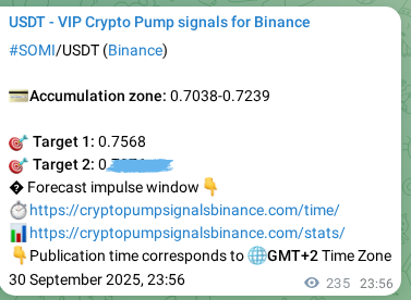Live proof of SOMI pump signal on Binance, 01 October 2025, 06:33