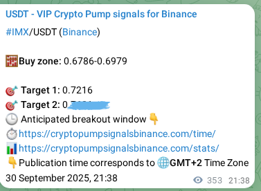 Crypto pump signal confirmation: IMX on Binance, 01 October 2025, 07:26